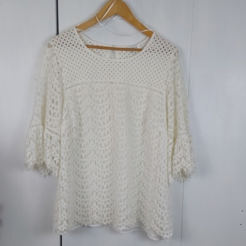 Rose & Olive Elegant White Open Lace Women's Top Flare Sleeves Elegant Sz.1X